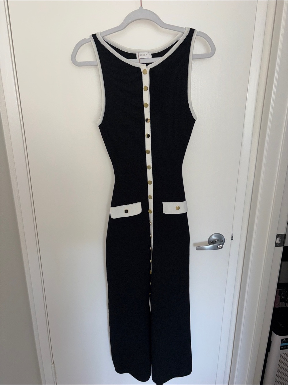 MESHKI Sawyer Sleeveless Black & White Button-Front Knit Dress S NWT